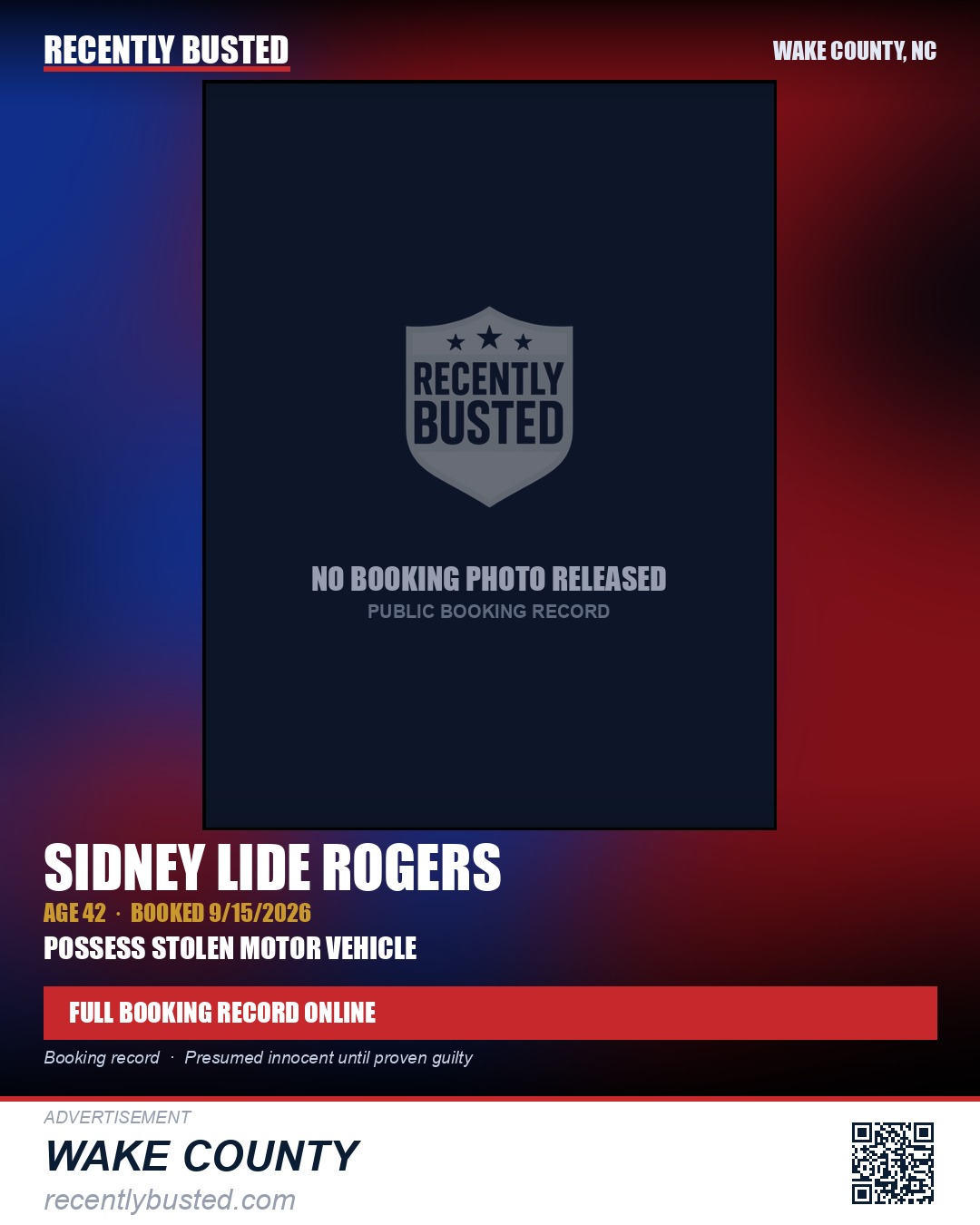 SIDNEY LIDE ROGERS — arrest record card, Wake County, North Carolina