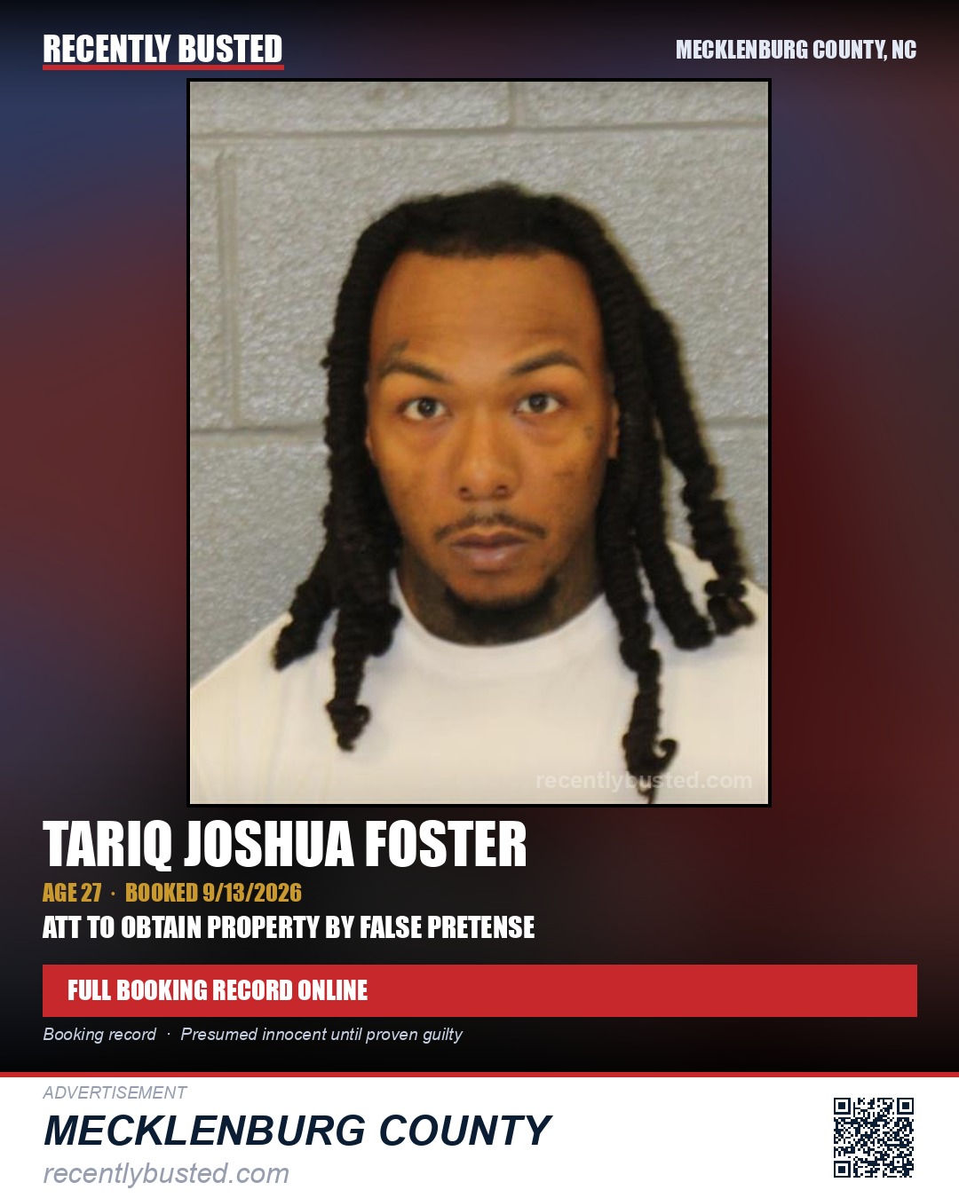 TARIQ JOSHUA FOSTER — arrest record card, Mecklenburg County, North Carolina