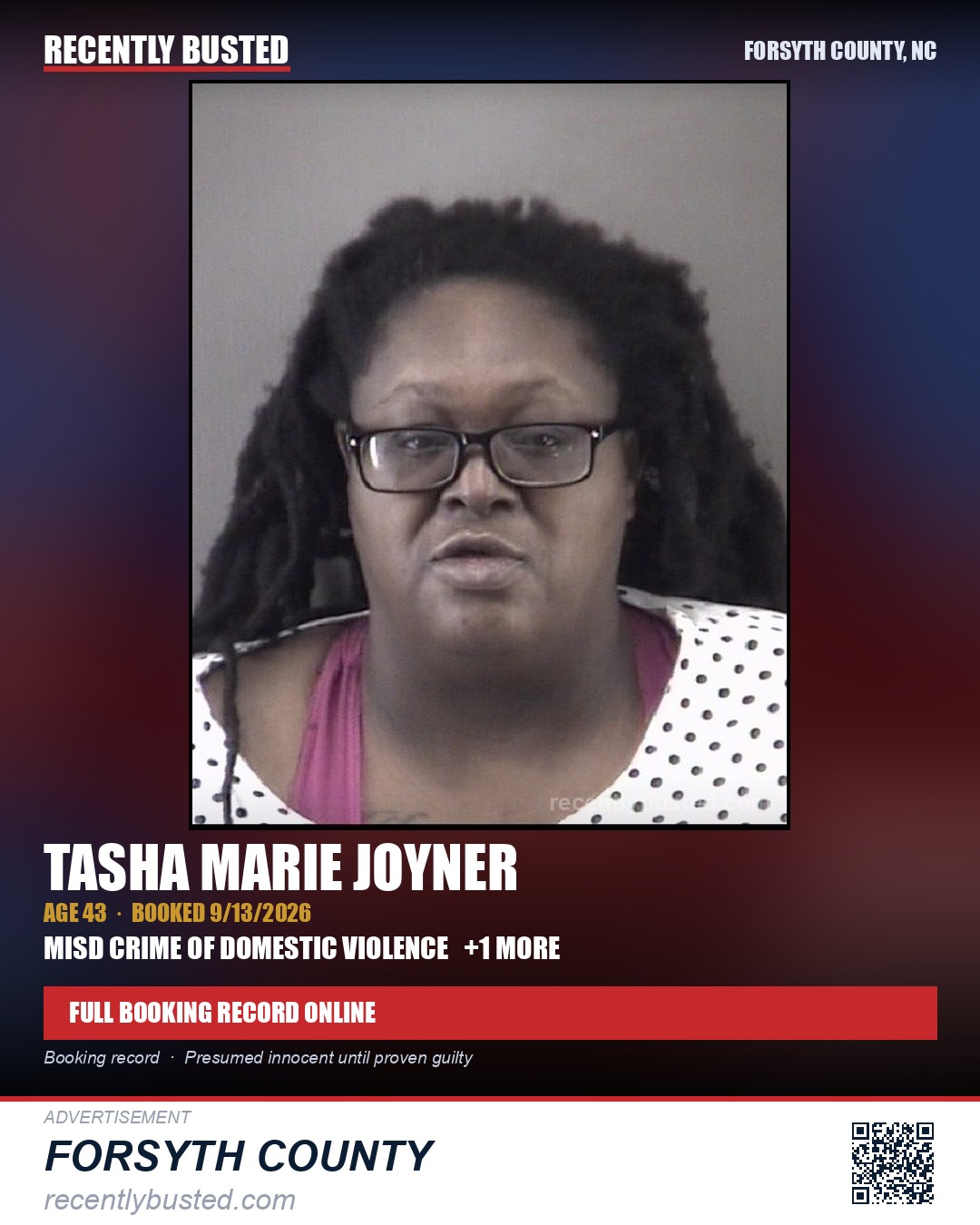 TASHA MARIE JOYNER — arrest record card, Forsyth County, North Carolina