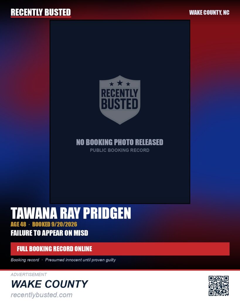 TAWANA RAY PRIDGEN — arrest record card, Wake County, North Carolina