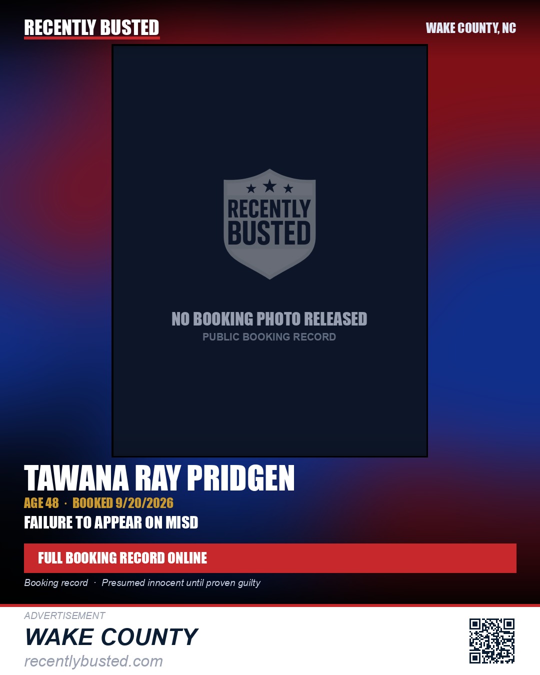 TAWANA RAY PRIDGEN — arrest record card, Wake County, North Carolina