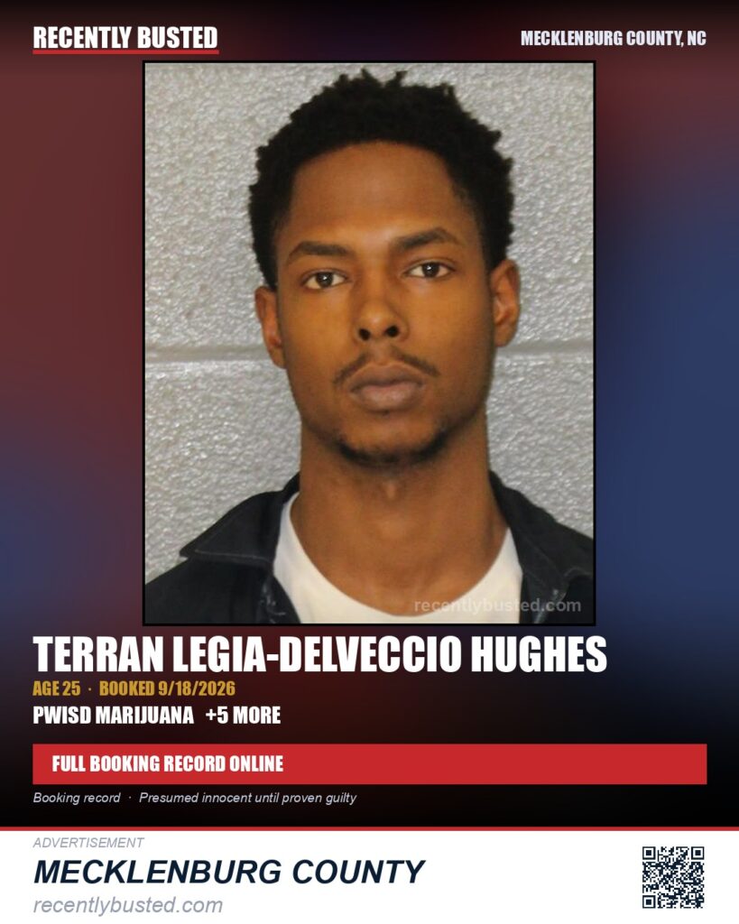 TERRAN LEGIA-DELVECCIO HUGHES — arrest record card, Mecklenburg County, North Carolina