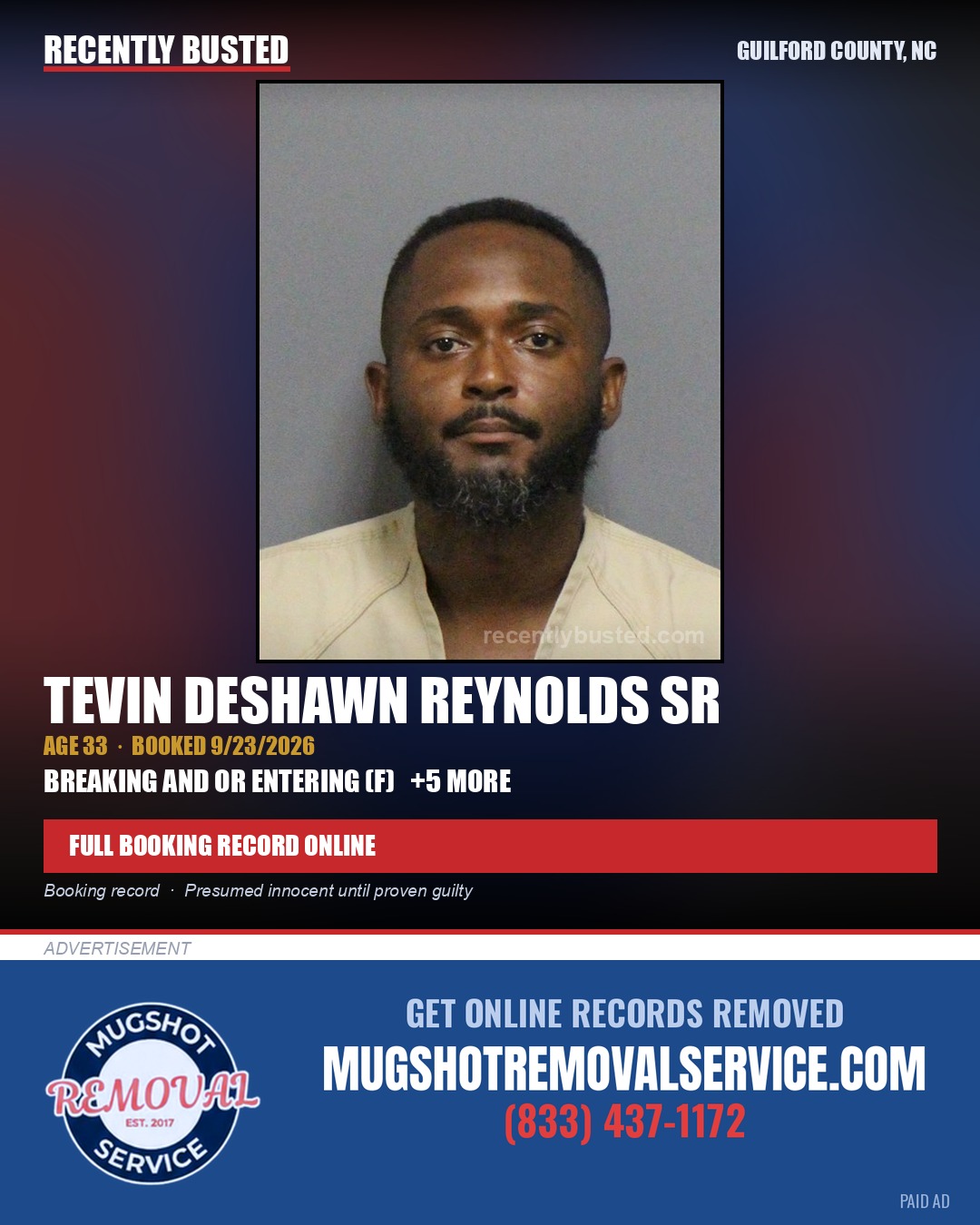 TEVIN DESHAWN REYNOLDS SR — arrest record card, Guilford County, North Carolina