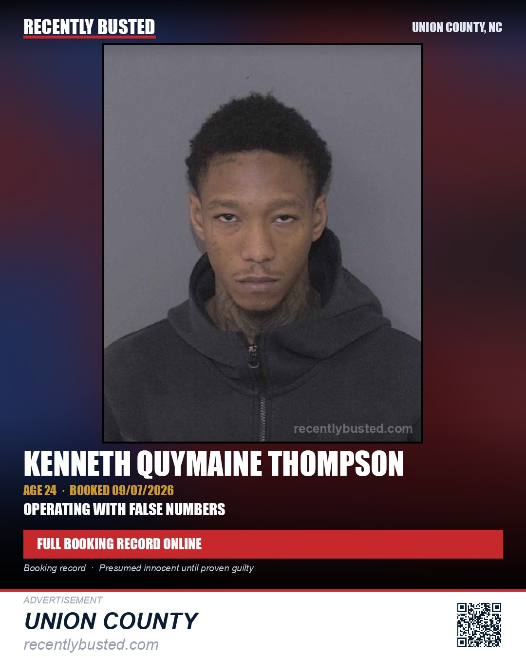THOMPSON, KENNETH QUYMAINE — arrest record card, Union County, North Carolina