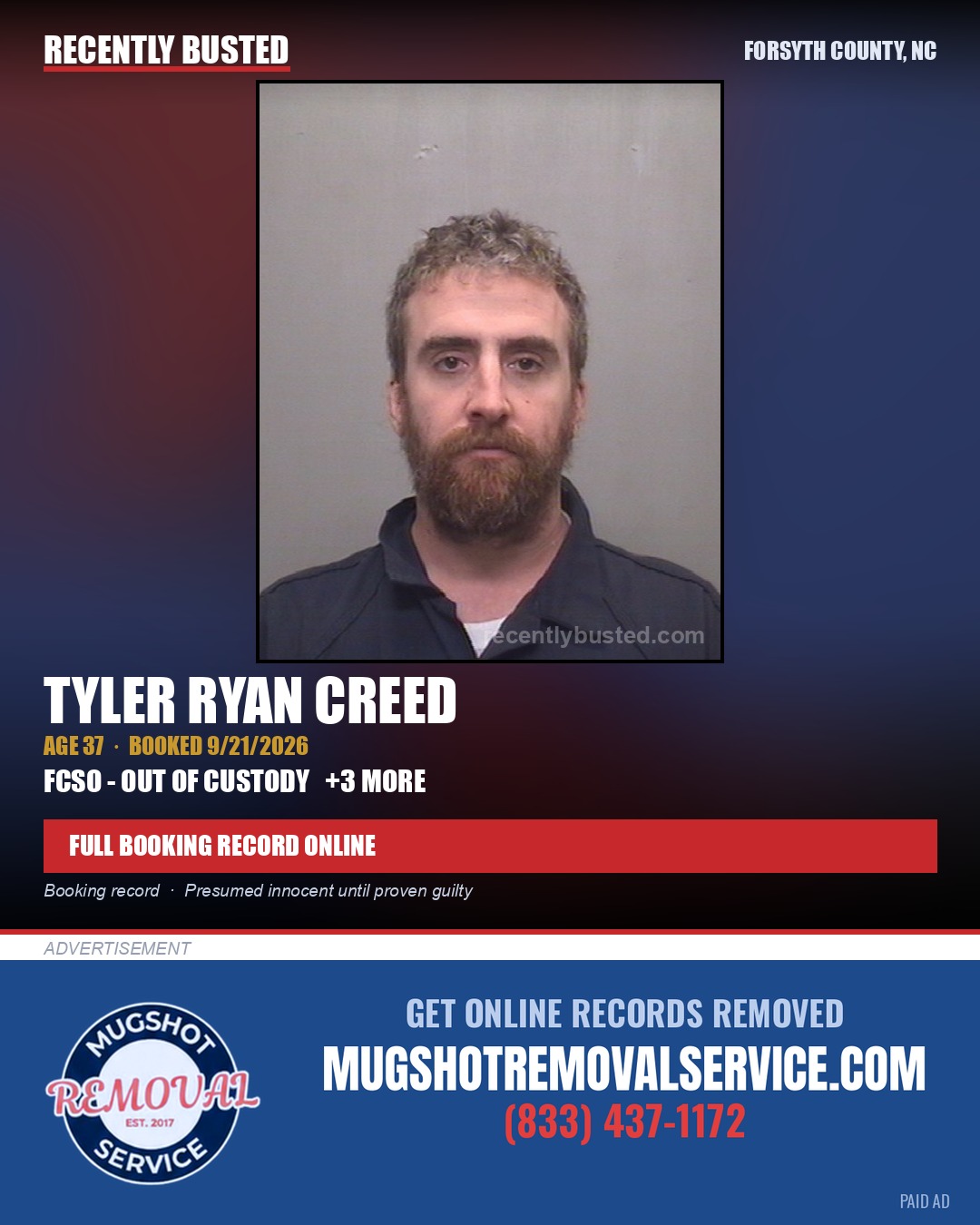 TYLER RYAN CREED — arrest record card, Forsyth County, North Carolina