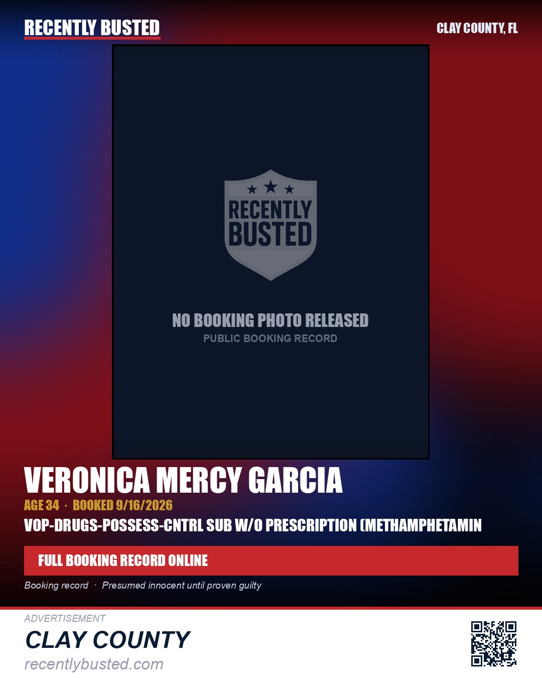 VERONICA MERCY GARCIA — arrest record card, Clay County, Florida