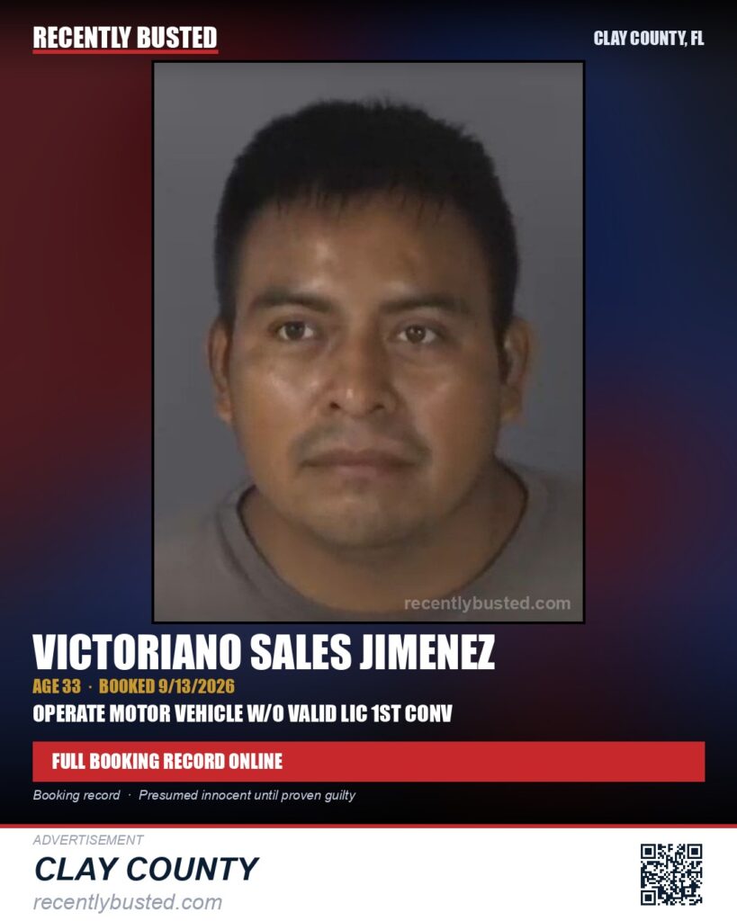 VICTORIANO SALES JIMENEZ — arrest record card, Clay County, Florida