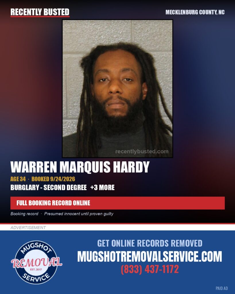 WARREN MARQUIS HARDY — arrest record card, Mecklenburg County, North Carolina