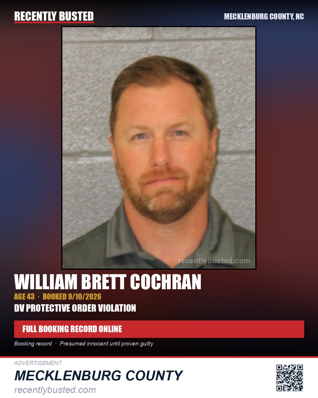 WILLIAM BRETT COCHRAN — arrest record card, Mecklenburg County, North Carolina