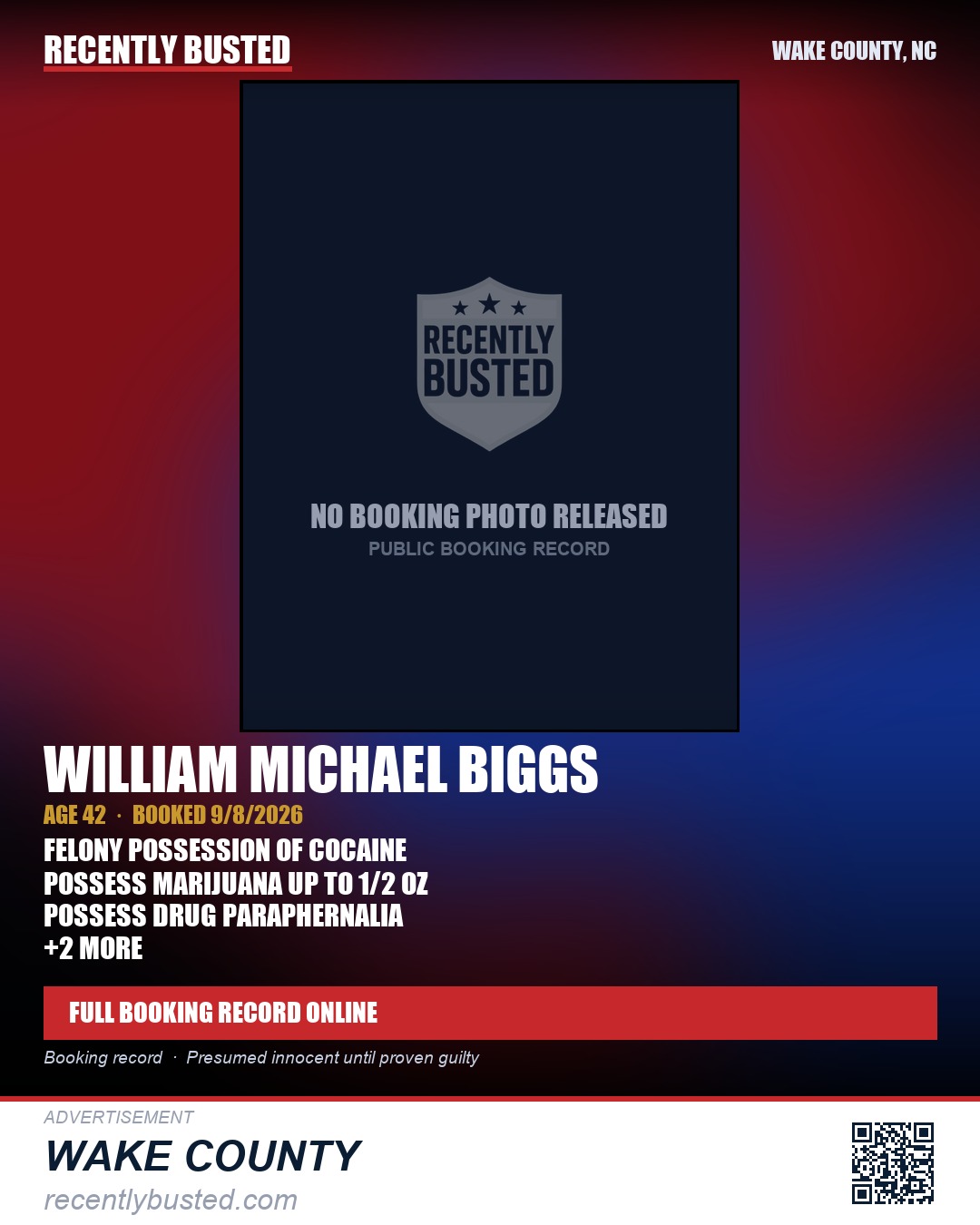 WILLIAM MICHAEL BIGGS — arrest record card, Wake County, North Carolina