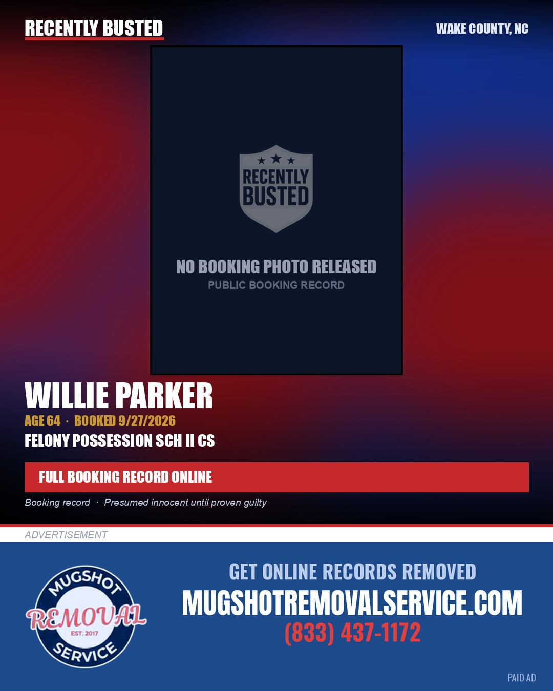 WILLIE PARKER — arrest record card, Wake County, North Carolina