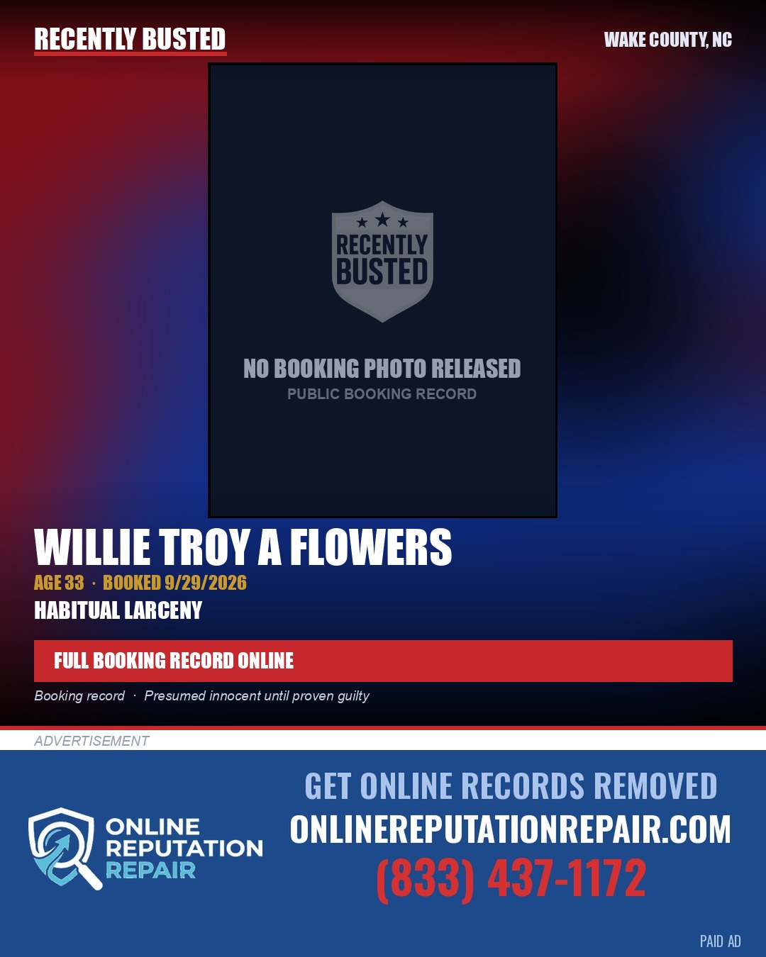 WILLIE TROY A FLOWERS — arrest record card, Wake County, North Carolina