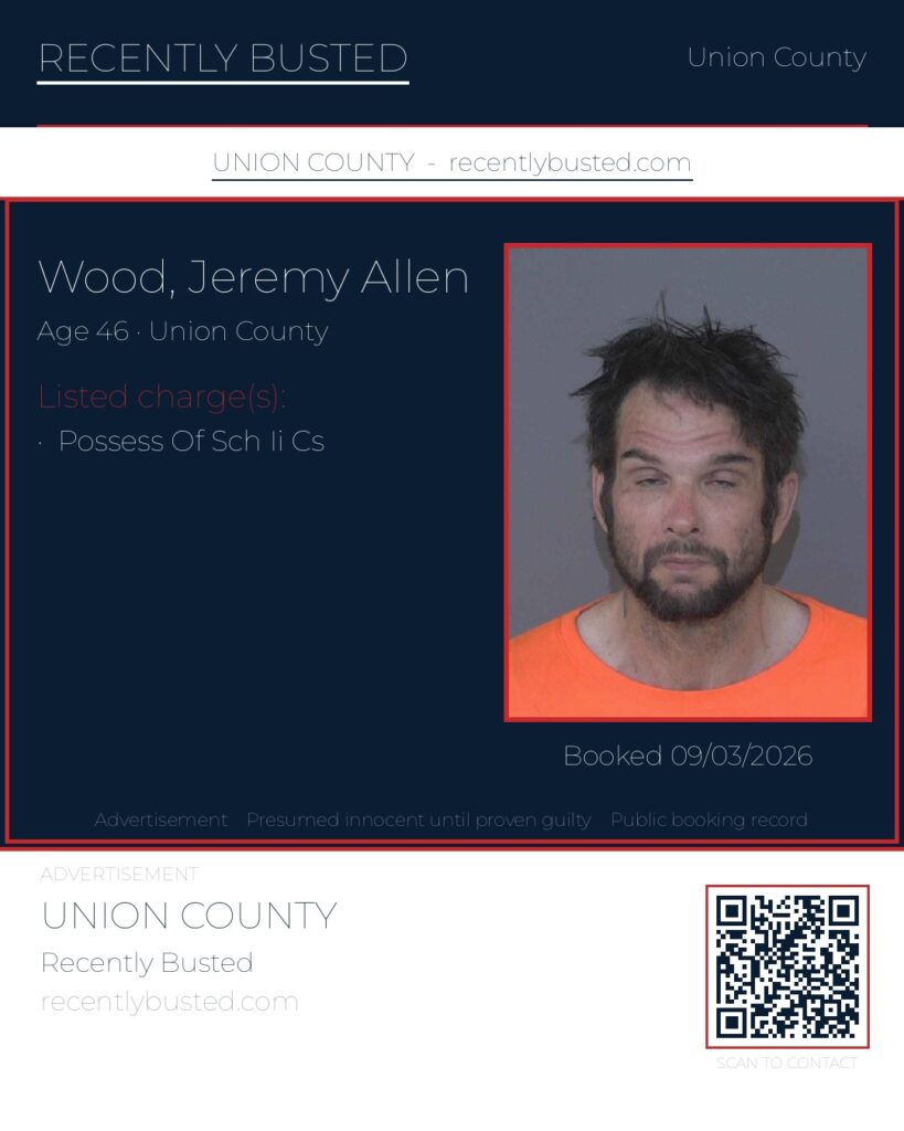 WOOD, JEREMY ALLEN — arrest record card, Union County, North Carolina