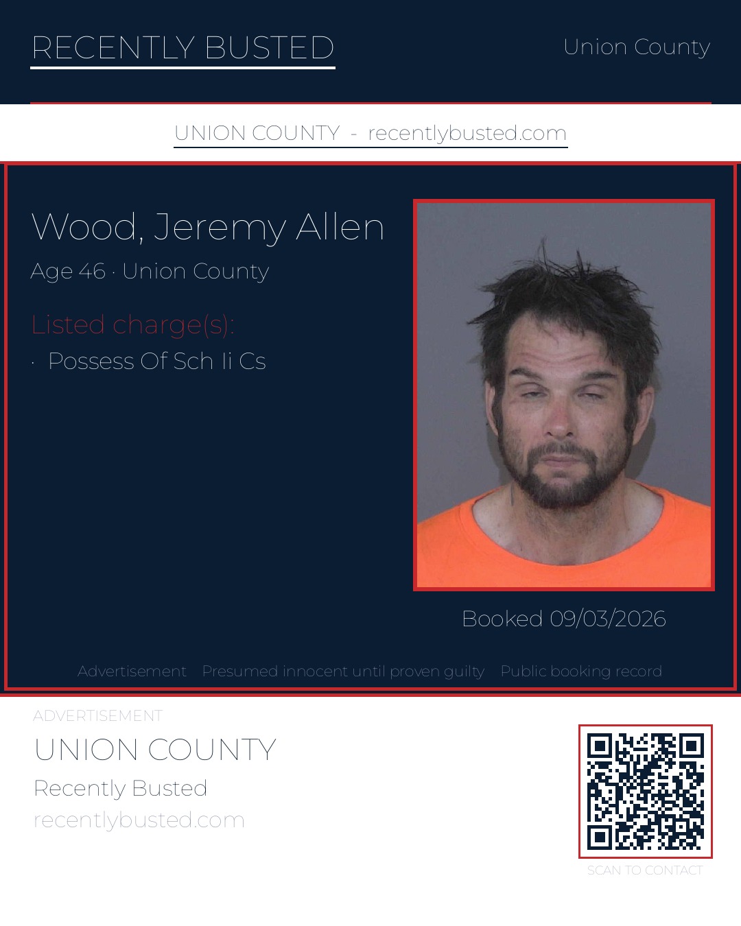 WOOD, JEREMY ALLEN — arrest record card, Union County, North Carolina