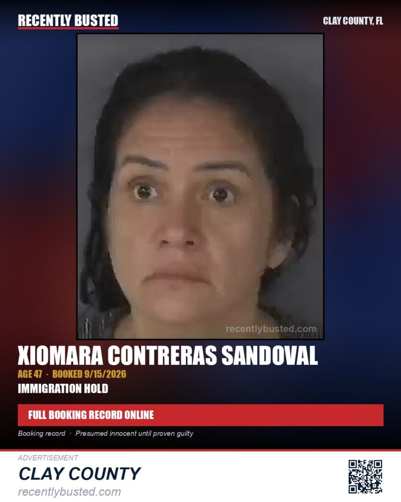 XIOMARA CONTRERAS SANDOVAL — arrest record card, Clay County, Florida