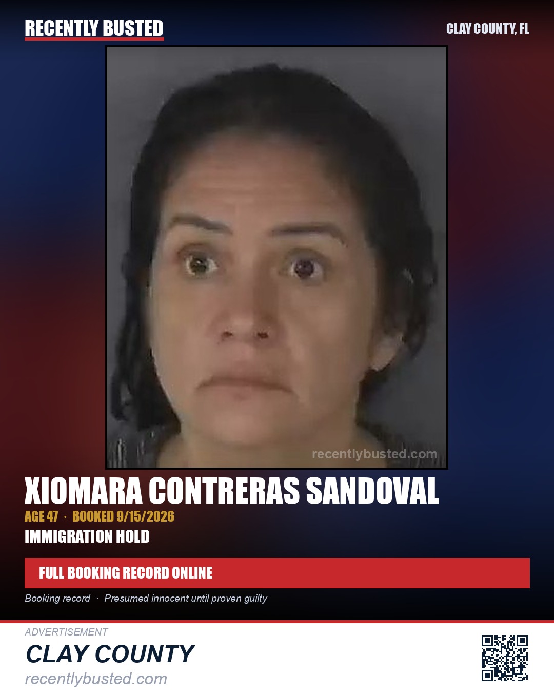 XIOMARA CONTRERAS SANDOVAL — arrest record card, Clay County, Florida