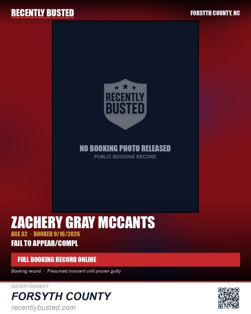 ZACHERY GRAY MCCANTS — arrest record card, Forsyth County, North Carolina