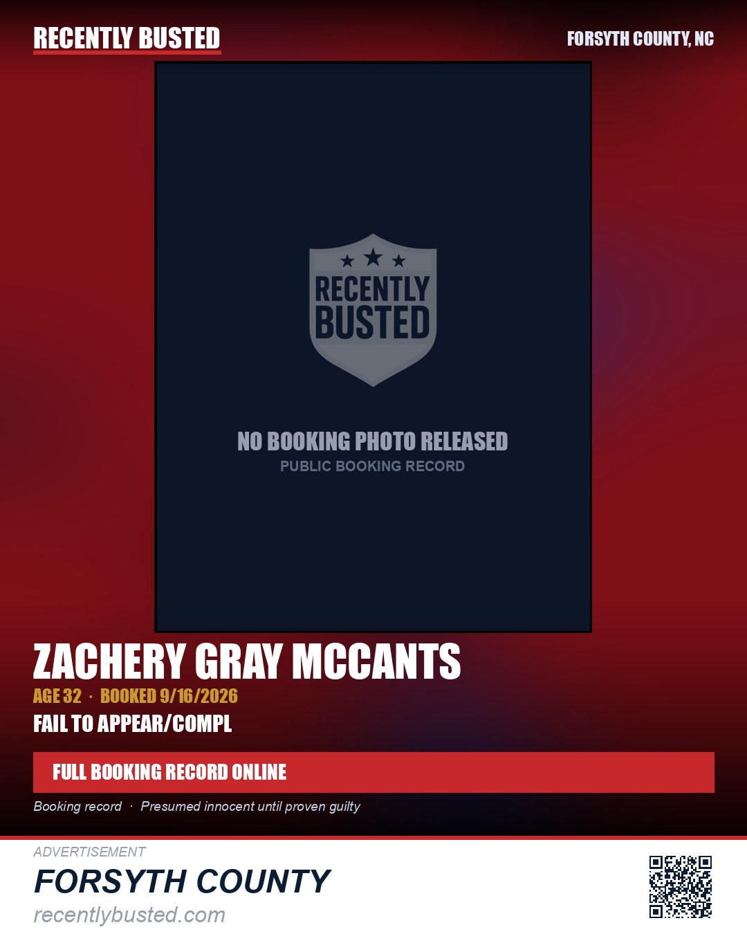 ZACHERY GRAY MCCANTS — arrest record card, Forsyth County, North Carolina