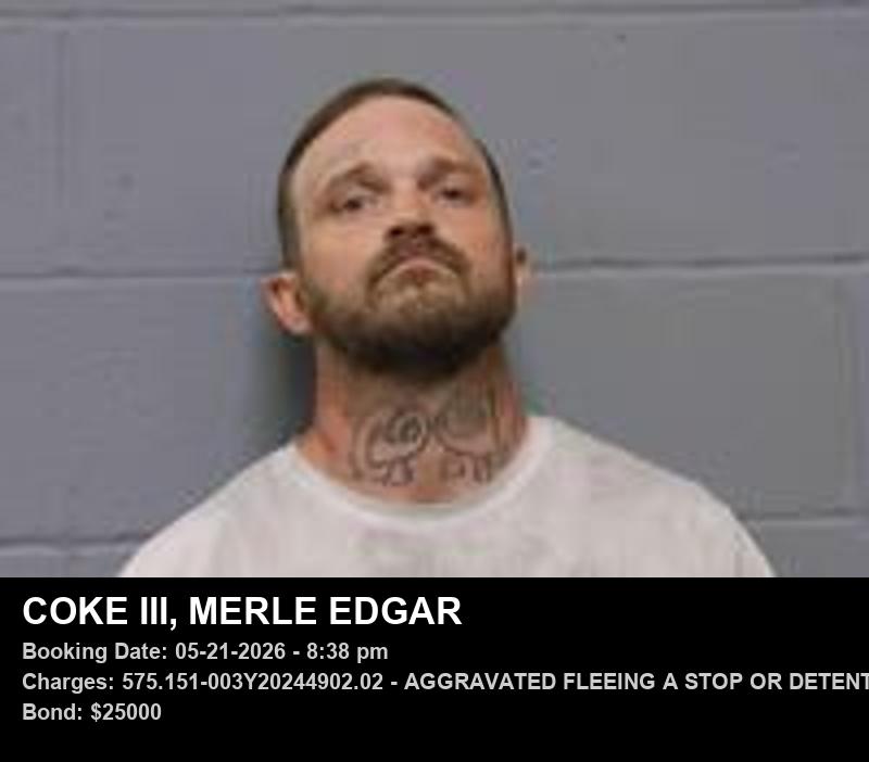 MERLE EDGAR COKE III — arrest record card, Johnson County, Missouri
