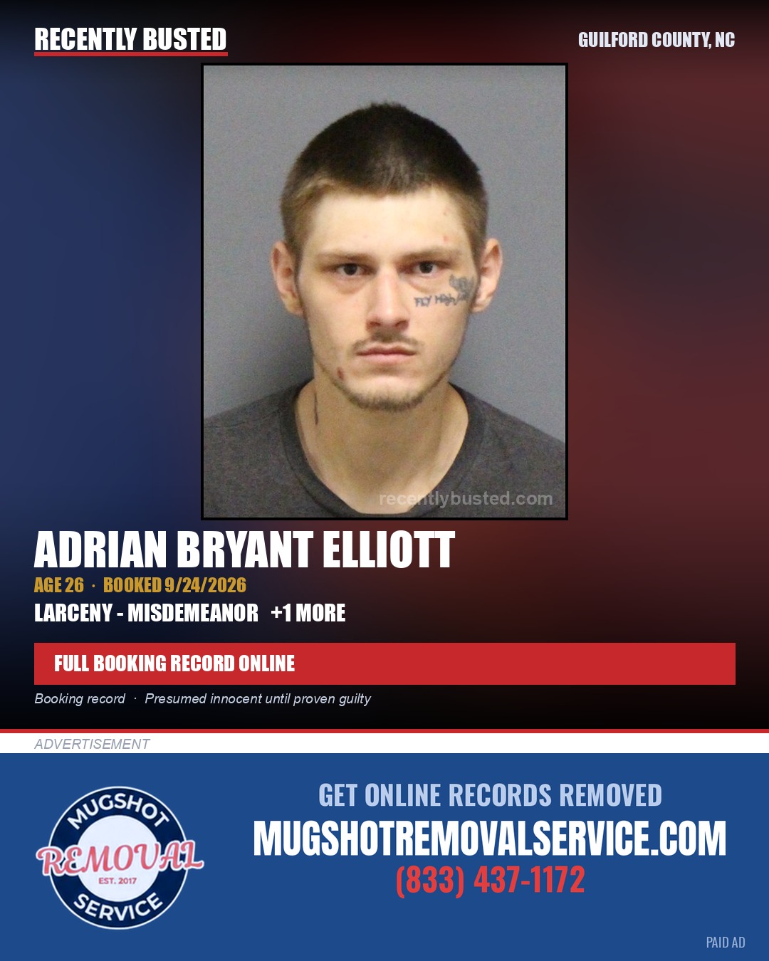 ADRIAN BRYANT ELLIOTT — arrest record card, Guilford County, North Carolina