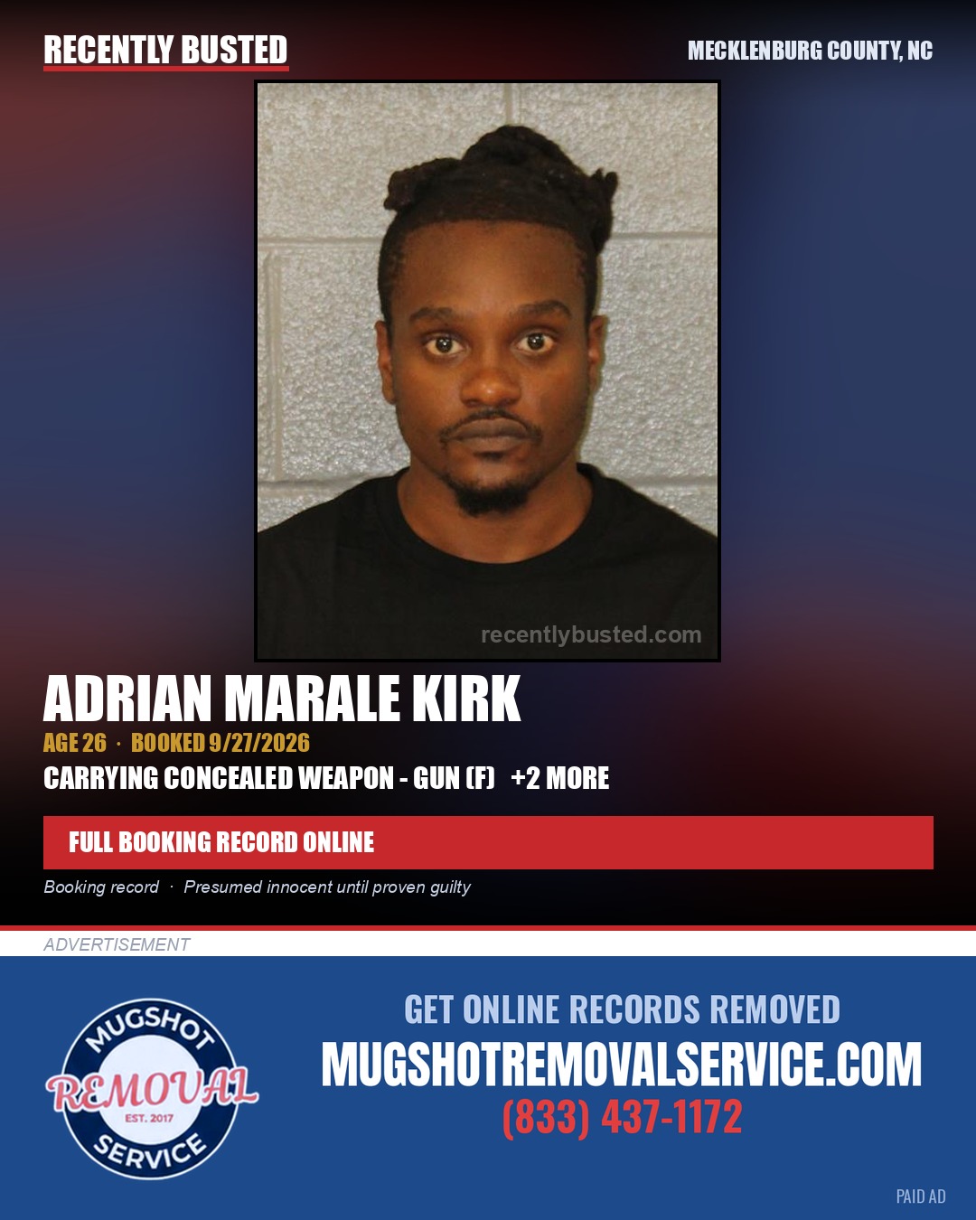 ADRIAN MARALE KIRK — arrest record card, Mecklenburg County, North Carolina