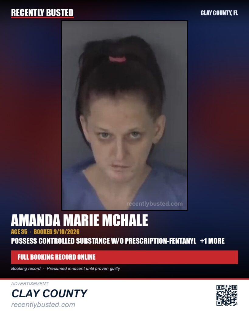 AMANDA MARIE MCHALE — arrest record card, Clay County, Florida