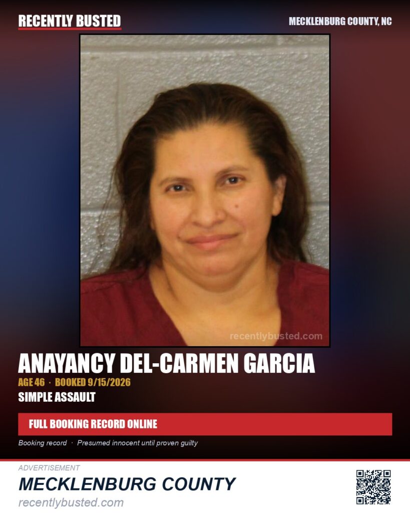 ANAYANCY DEL-CARMEN GARCIA — arrest record card, Mecklenburg County, North Carolina