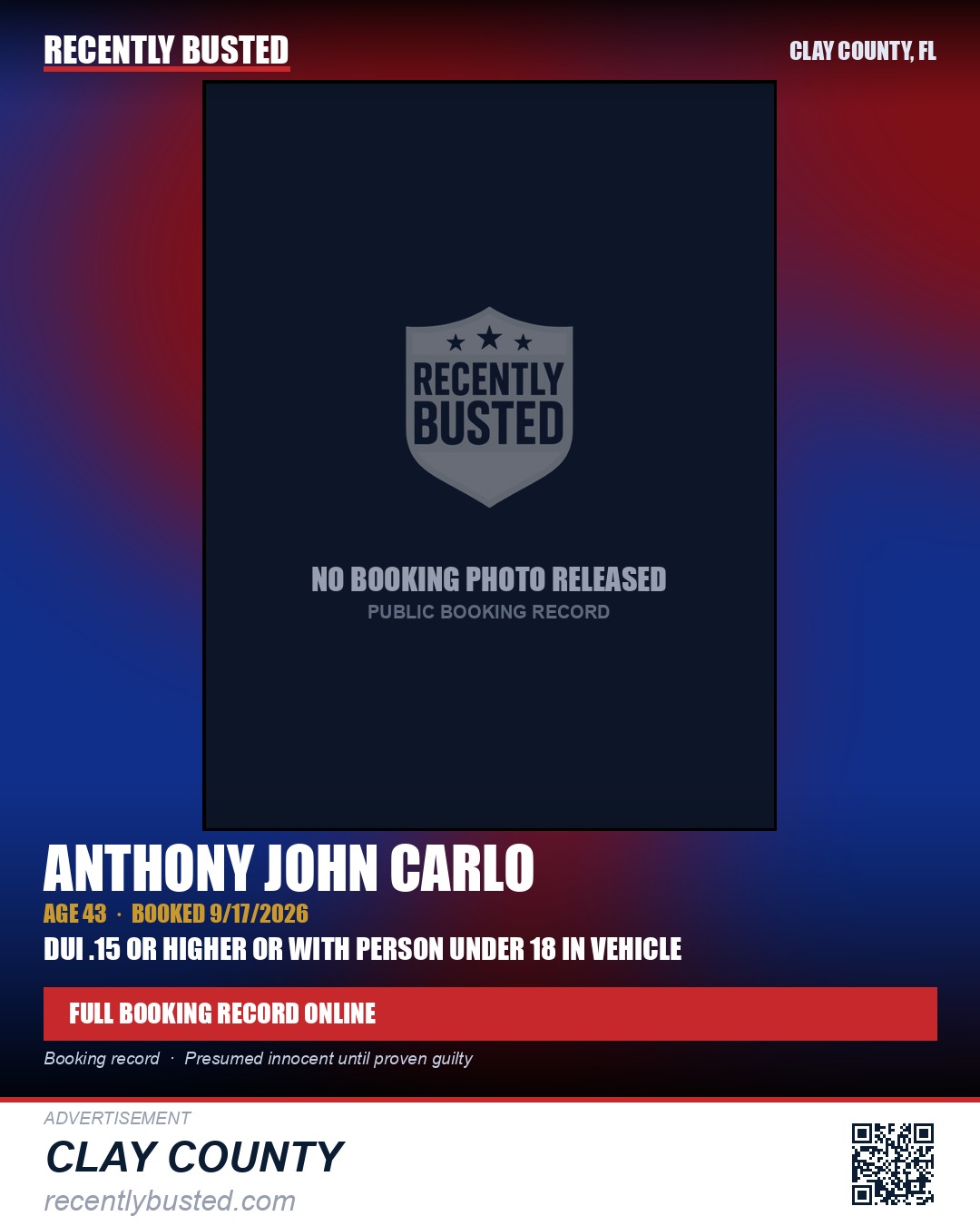 ANTHONY JOHN CARLO — arrest record card, Clay County, Florida