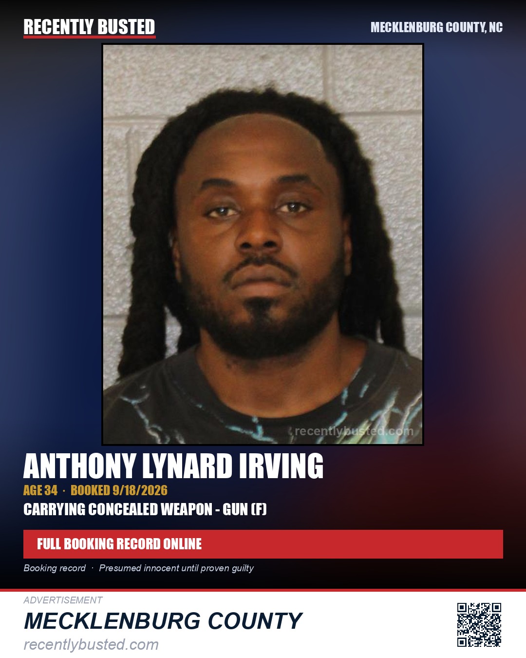 ANTHONY LYNARD IRVING — arrest record card, Mecklenburg County, North Carolina