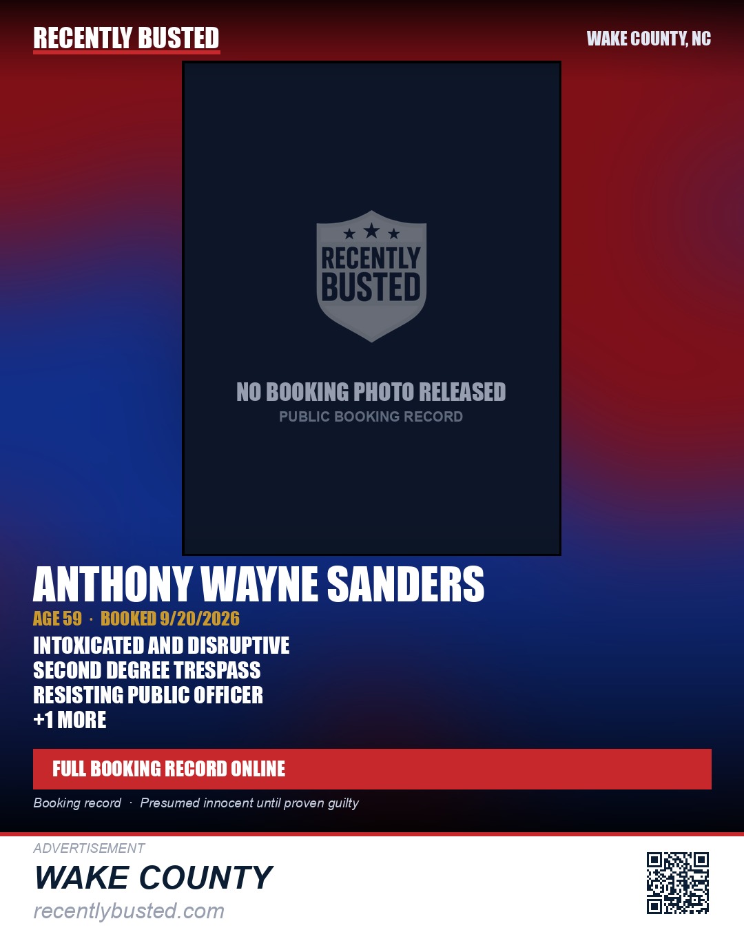 ANTHONY WAYNE SANDERS — arrest record card, Wake County, North Carolina