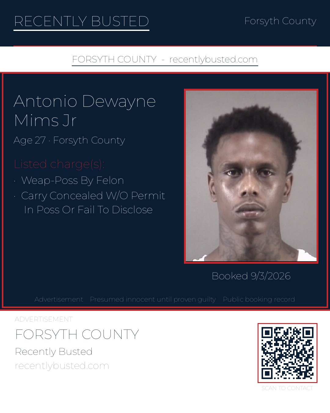 ANTONIO DEWAYNE MIMS JR — arrest record card, Forsyth County, North Carolina