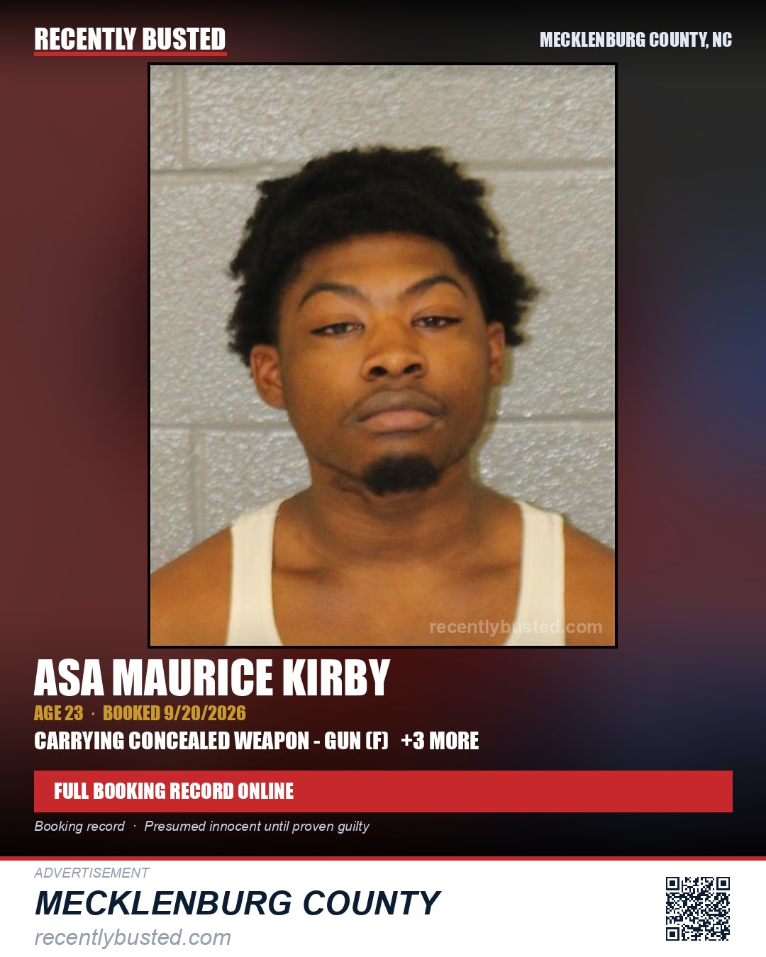ASA MAURICE KIRBY — arrest record card, Mecklenburg County, North Carolina