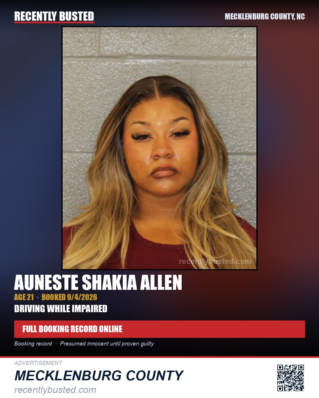 AUNESTE SHAKIA ALLEN — arrest record card, Mecklenburg County, North Carolina