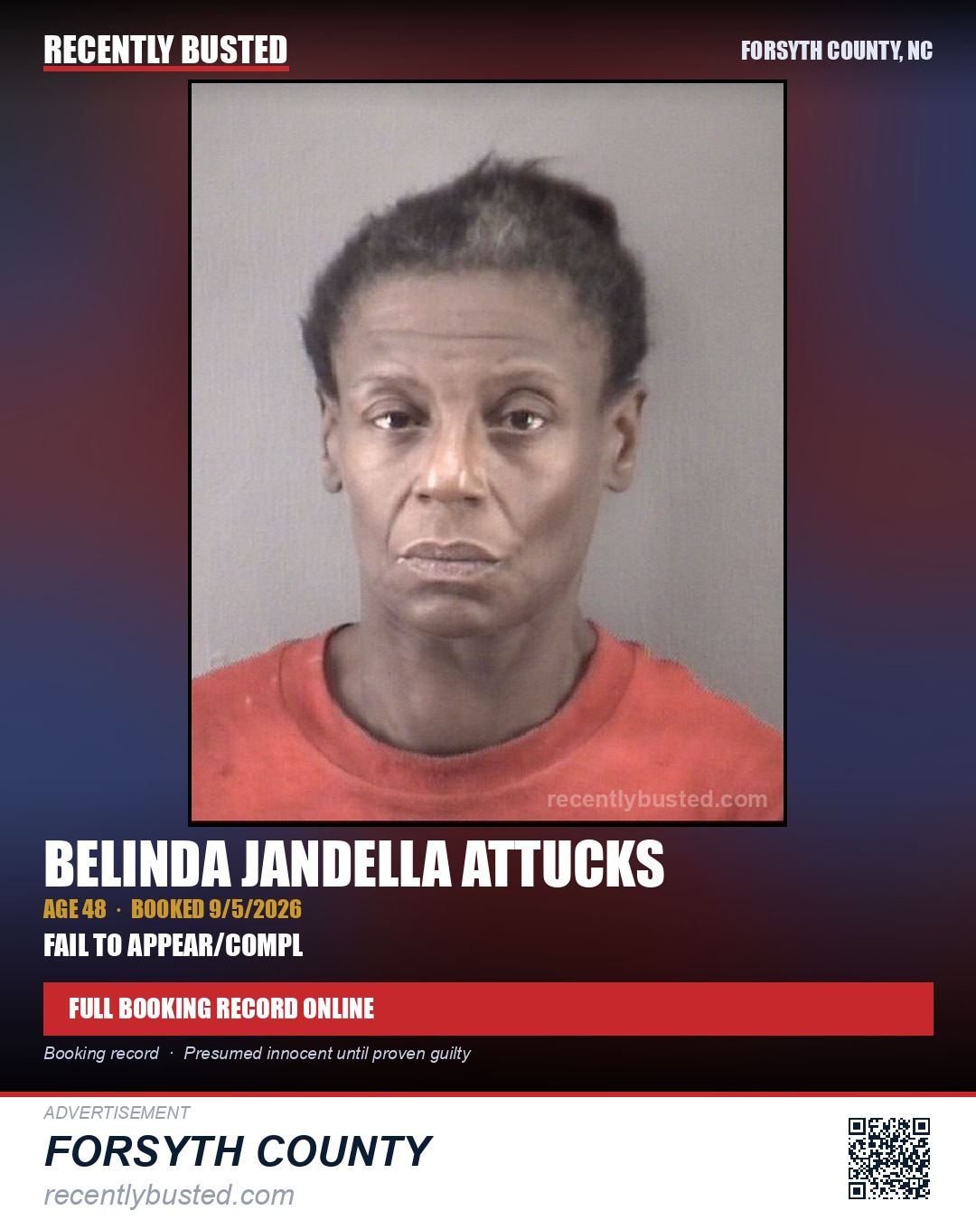 BELINDA JANDELLA ATTUCKS — arrest record card, Forsyth County, North Carolina