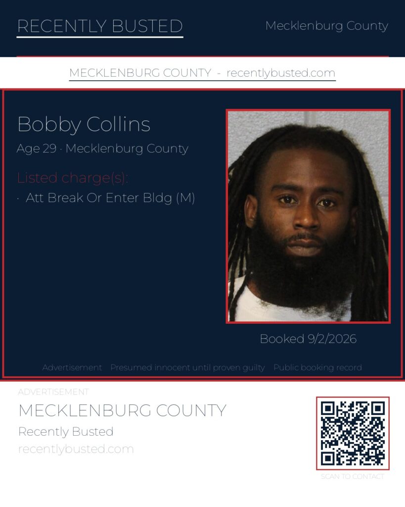 BOBBY COLLINS — arrest record card, Mecklenburg County, North Carolina