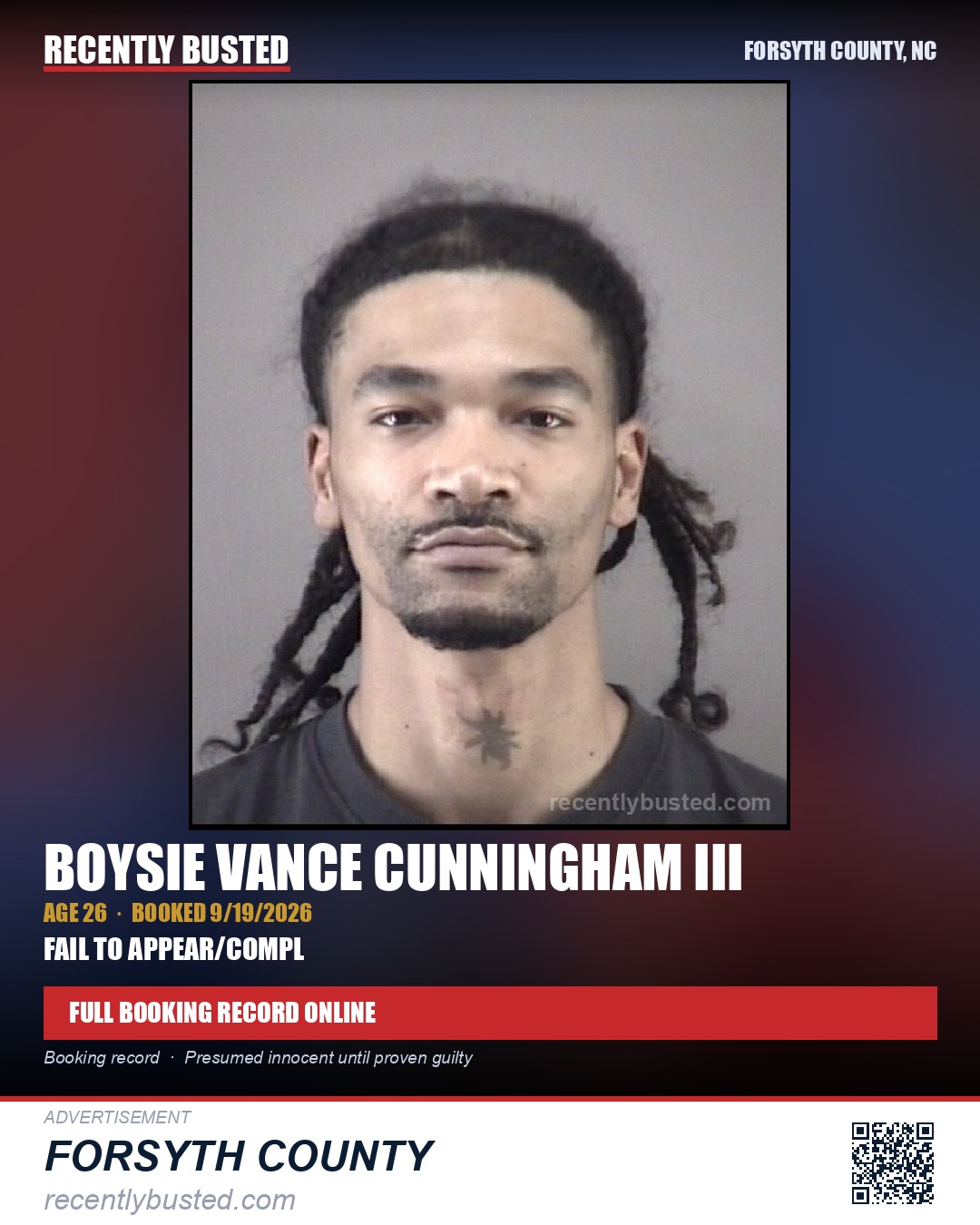 BOYSIE VANCE CUNNINGHAM III — arrest record card, Forsyth County, North Carolina