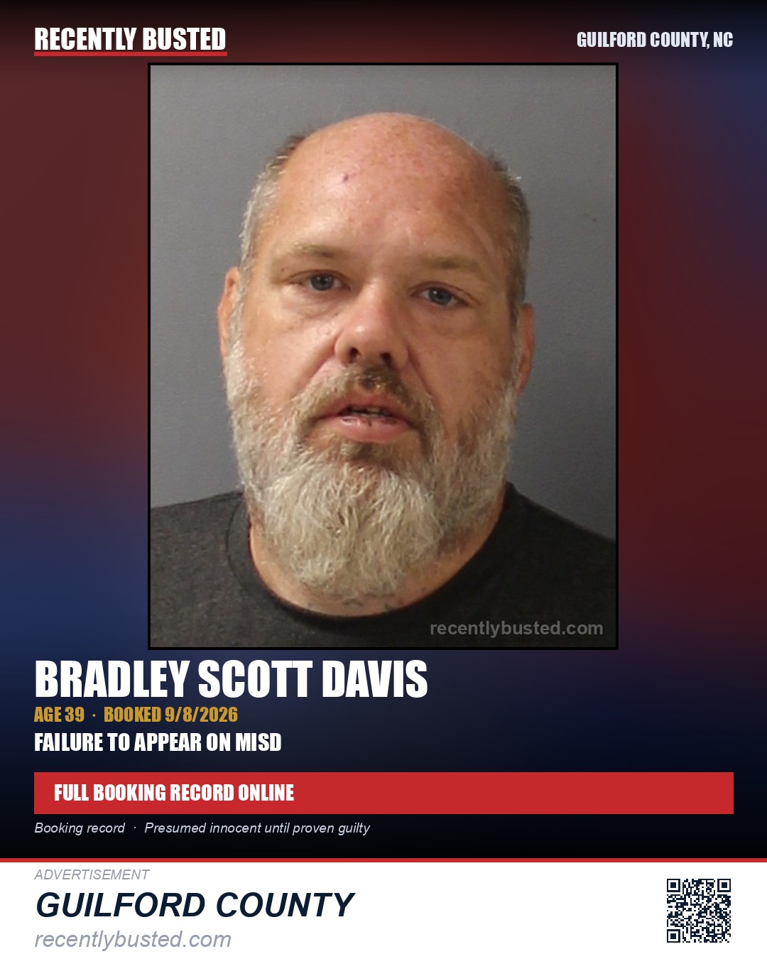 BRADLEY SCOTT DAVIS — arrest record card, Guilford County, North Carolina