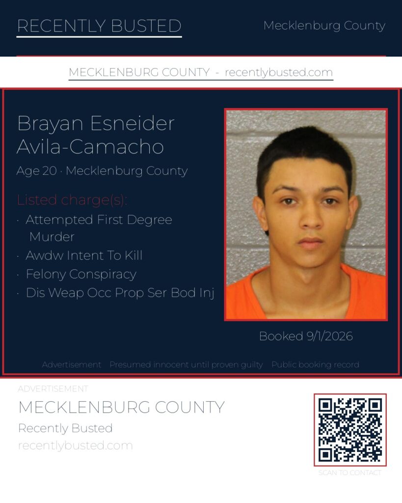 BRAYAN ESNEIDER AVILA-CAMACHO — arrest record card, Mecklenburg County, North Carolina