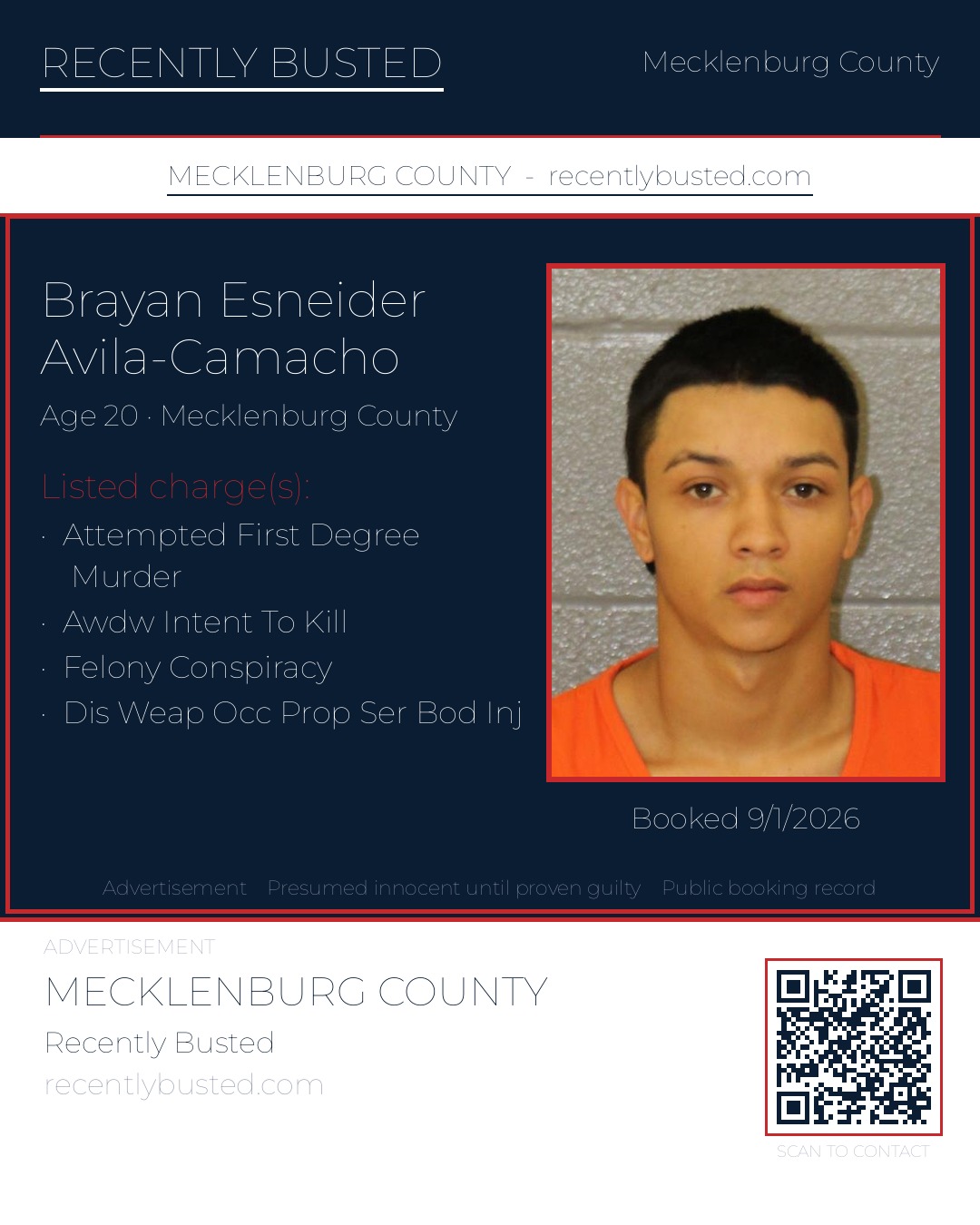 BRAYAN ESNEIDER AVILA-CAMACHO — arrest record card, Mecklenburg County, North Carolina