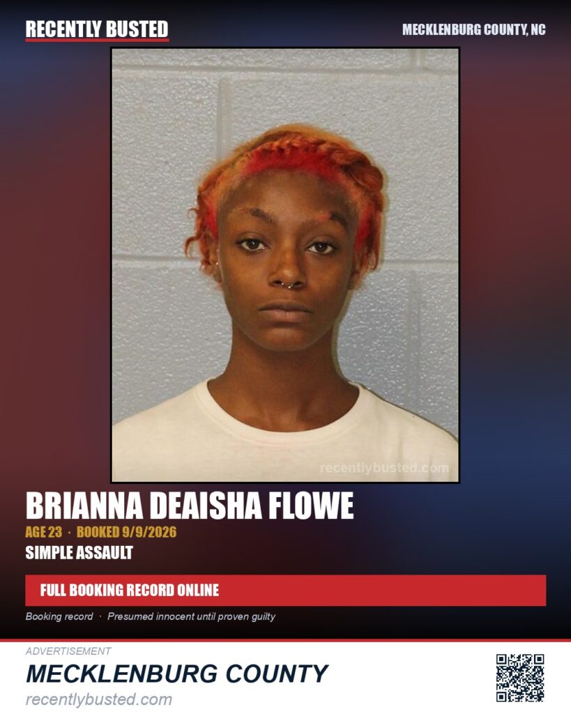 BRIANNA DEAISHA FLOWE — arrest record card, Mecklenburg County, North Carolina