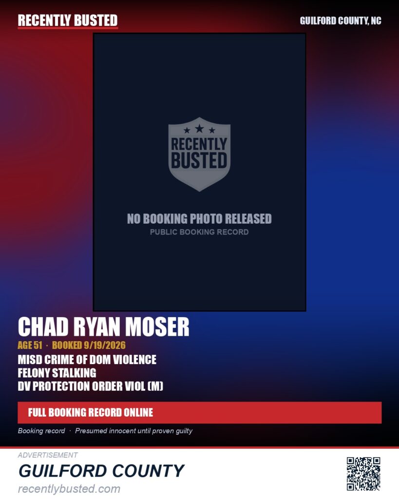 CHAD RYAN MOSER — arrest record card, Guilford County, North Carolina
