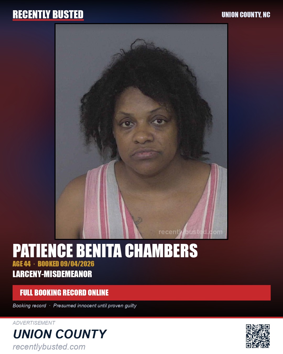 CHAMBERS, PATIENCE BENITA — arrest record card, Union County, North Carolina