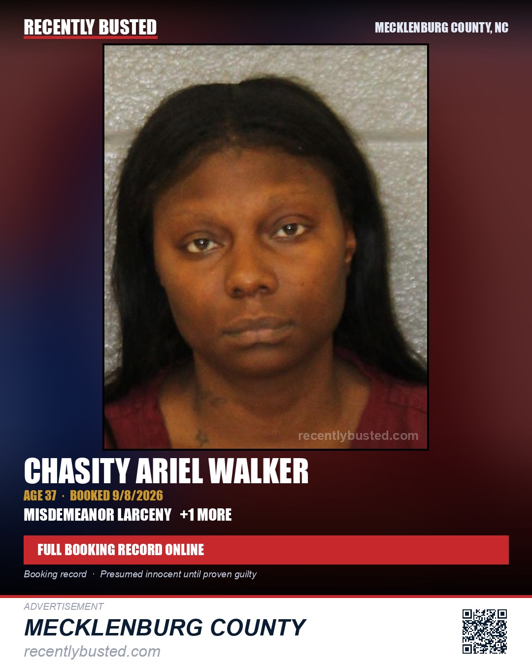 CHASITY ARIEL WALKER — arrest record card, Mecklenburg County, North Carolina
