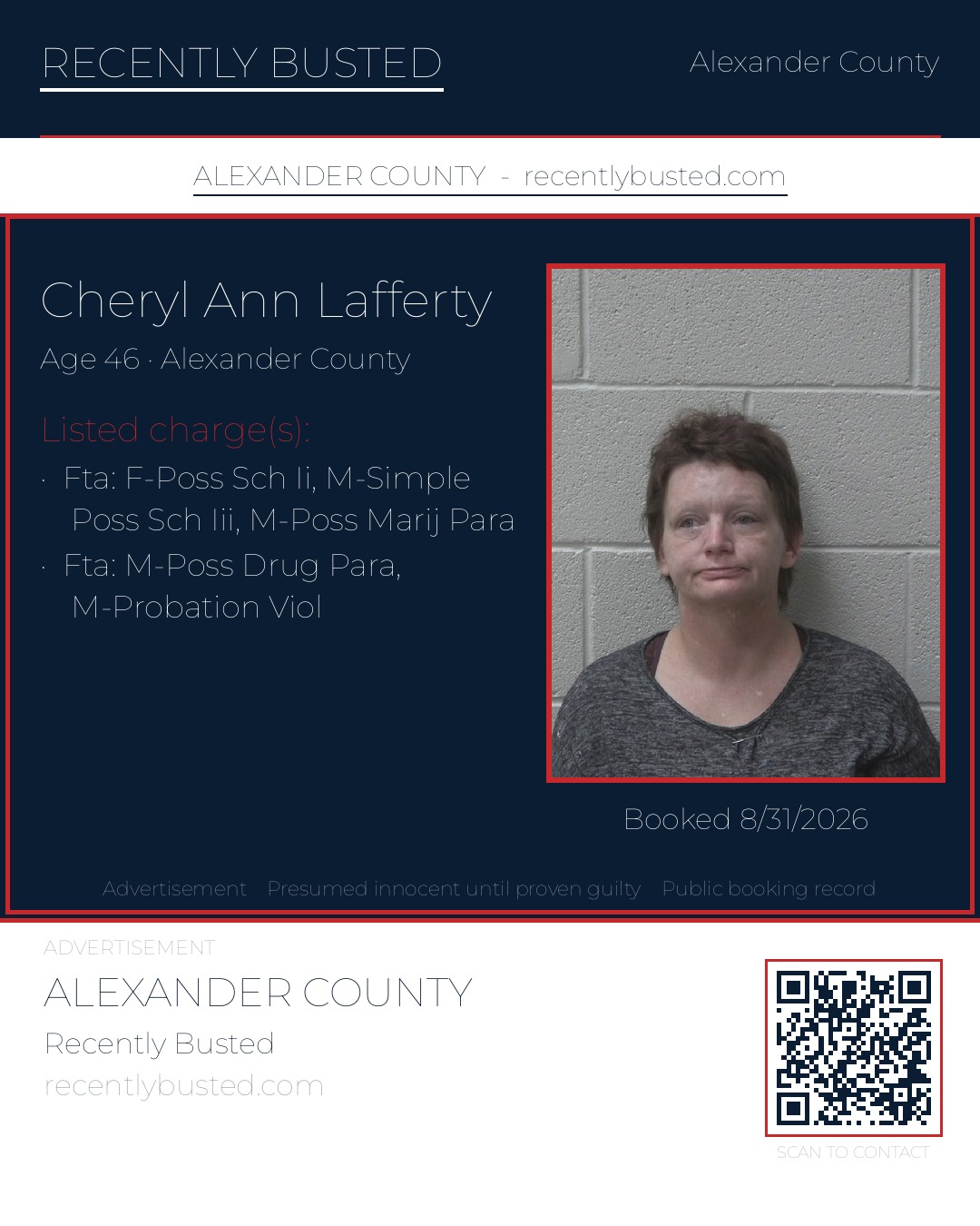 CHERYL ANN LAFFERTY — arrest record card, Alexander County, North Carolina