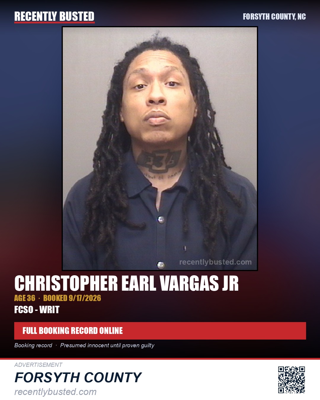 CHRISTOPHER EARL VARGAS JR — arrest record card, Forsyth County, North Carolina