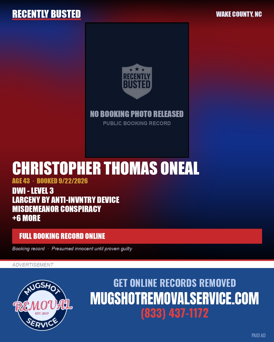 CHRISTOPHER THOMAS ONEAL — arrest record card, Wake County, North Carolina