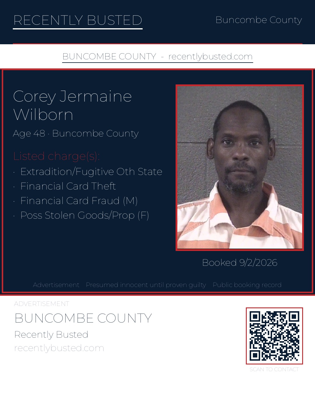 COREY JERMAINE WILBORN — arrest record card, Buncombe County, North Carolina