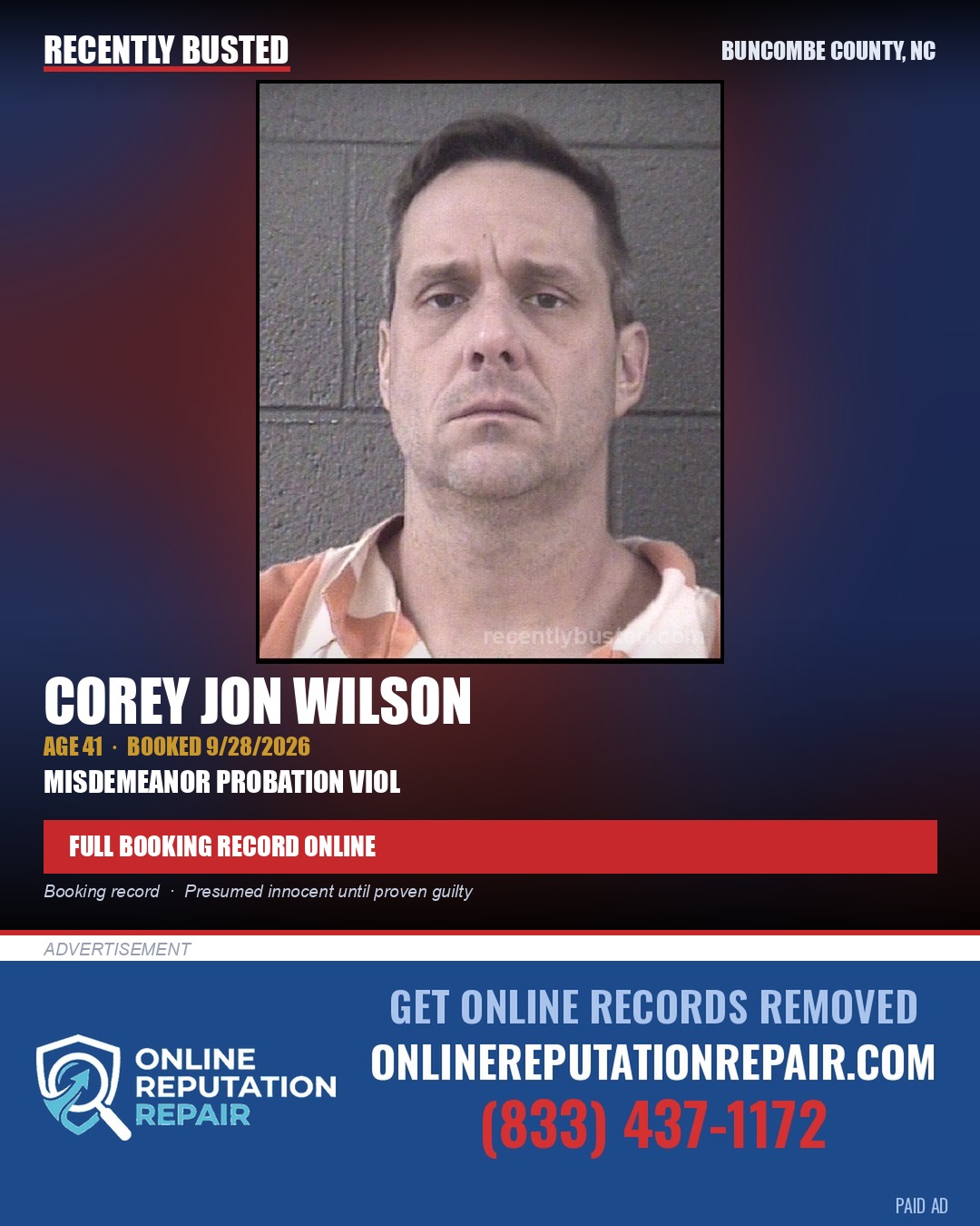COREY JON WILSON — arrest record card, Buncombe County, North Carolina