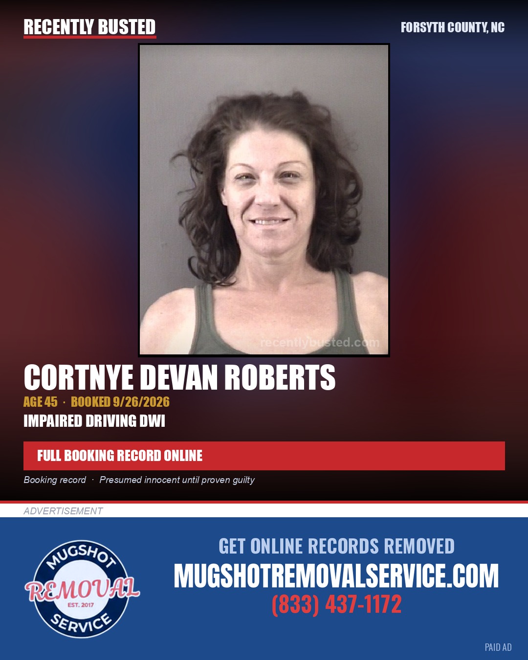 CORTNYE DEVAN ROBERTS — arrest record card, Forsyth County, North Carolina