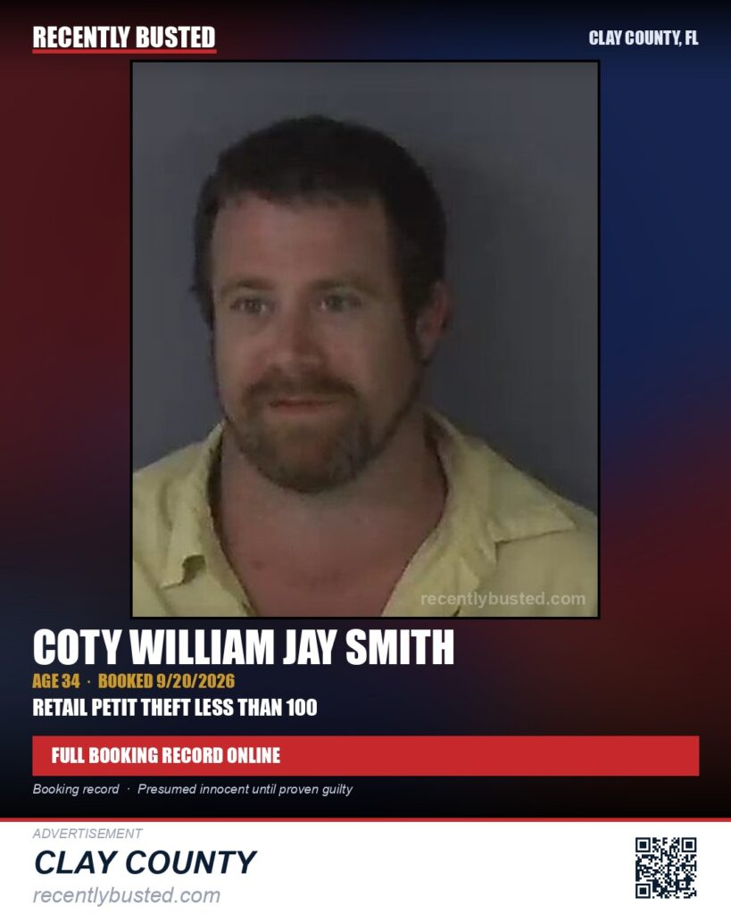 COTY WILLIAM JAY SMITH — arrest record card, Clay County, Florida